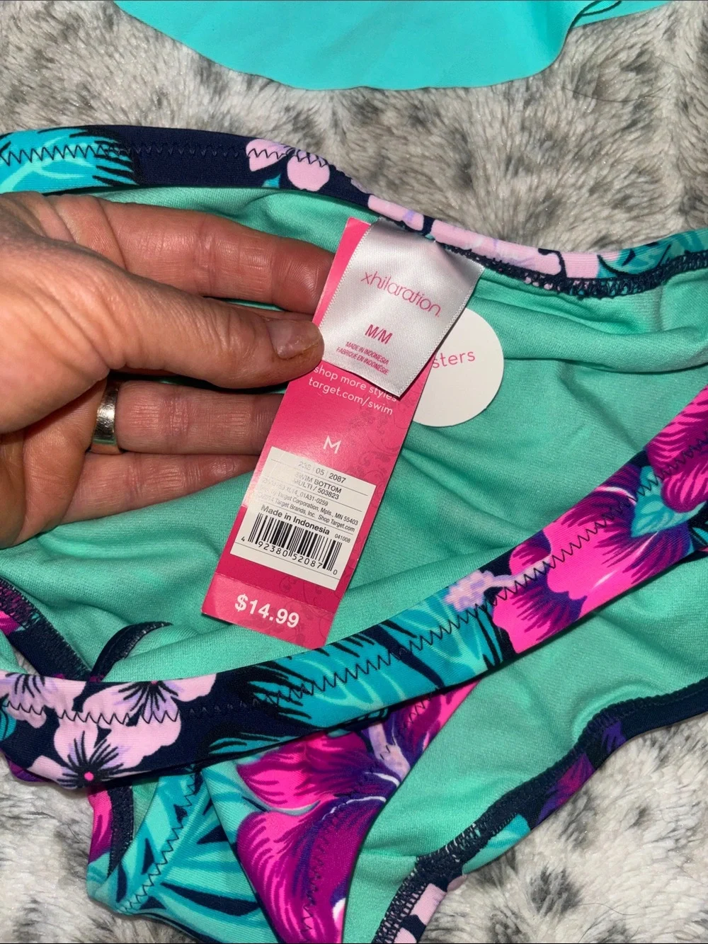 Xhilaration Bikini‎ Bottoms w/Pink & Navy Floral & Turquoise Ruffled Top NWT❗️